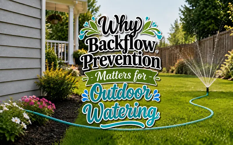 Residential backyard with decorative title Why Backflow Prevention Matters for Outdoor Watering.