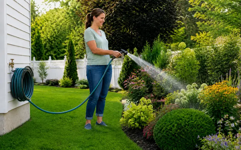 Homeowner watering a backyard garden with a hose connected to an outdoor faucet.
