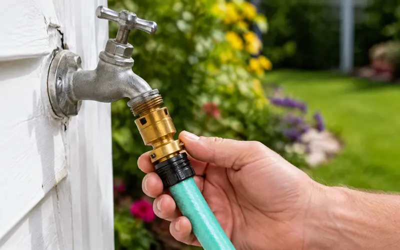 Homeowner checking a garden hose attached to an outdoor faucet with a vacuum breaker.