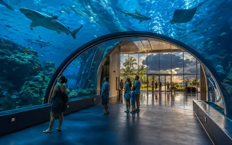 Visitors explore a blue-lit aquarium tunnel as sharks and rays swim overhead and storm clouds gather beyond the lobby windows.