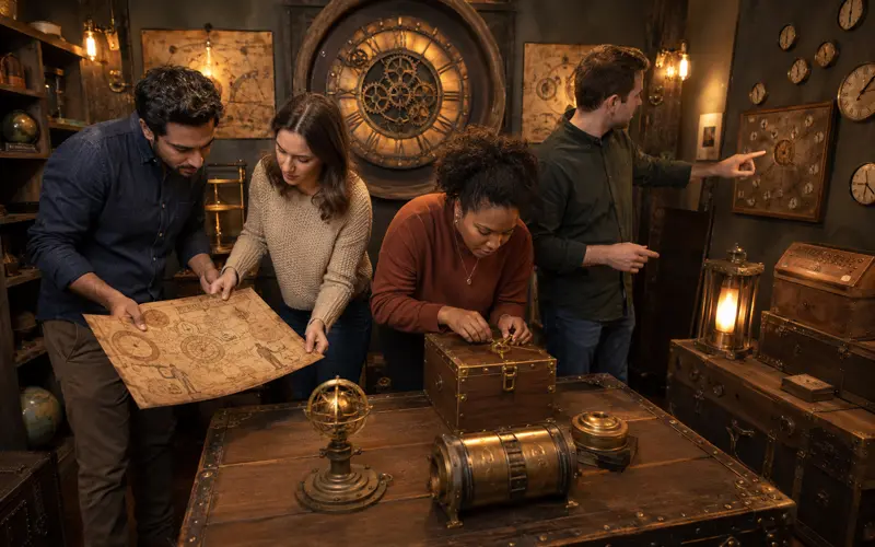 Four adults examine a map, wooden puzzle box, clocks, and mechanical clues inside a time-travel-themed escape room.