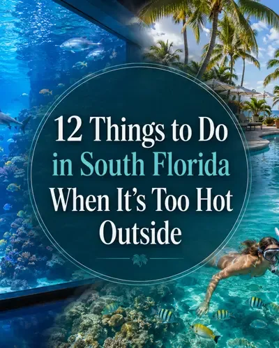 Aquarium, tropical resort pool, and snorkeling scenes surrounding the title “12 Things to Do in South Florida When It’s Too Hot Outside.”