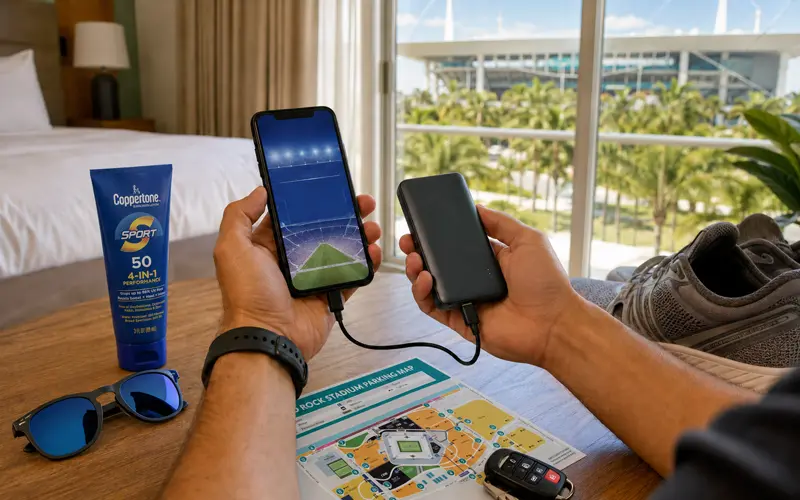 Traveler charging a smartphone beside sunglasses, sunscreen, walking shoes, car keys, and stadium parking information