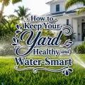 Sprinklers watering a healthy Florida lawn with palms and tropical landscaping