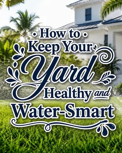 Sprinklers watering a healthy Florida lawn with palms and tropical landscaping