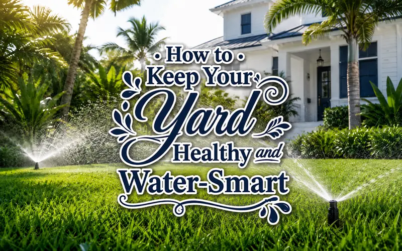 Sprinklers watering a healthy Florida lawn with palms and tropical landscaping
