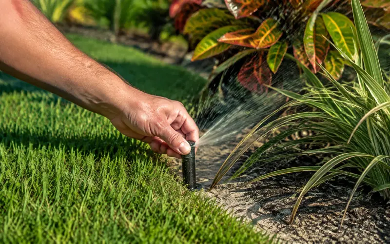 Homeowner adjusting a tilted sprinkler head in a green lawn