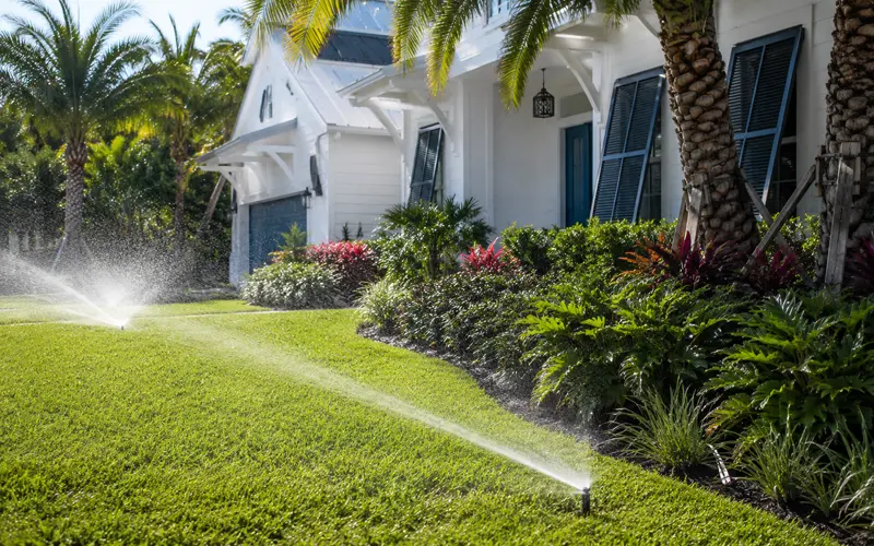 Sprinkler system efficiently watering a healthy green Florida yard