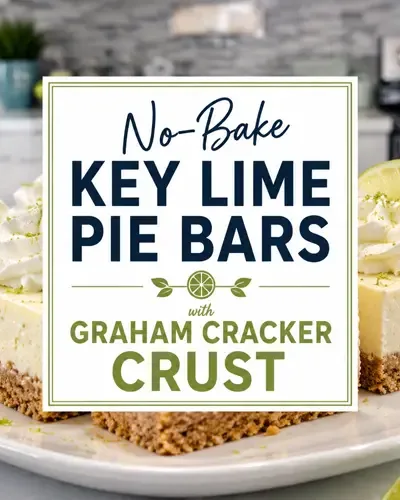 No-bake Key lime pie bars with graham cracker crust displayed on a white plate with the full recipe title centered over the dessert.