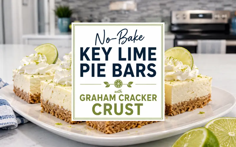 No-bake Key lime pie bars with graham cracker crust displayed on a white plate with the full recipe title centered over the dessert.