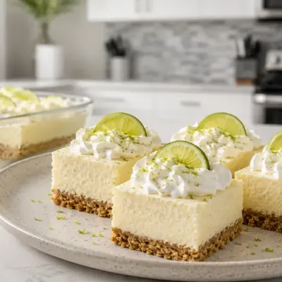 Square no-bake Key lime pie bars with graham cracker crust, whipped cream, lime zest, and fresh lime slices on a white plate.