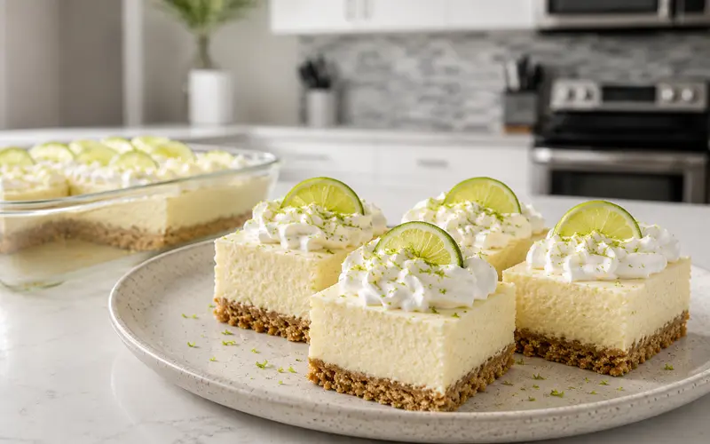 Square no-bake Key lime pie bars with graham cracker crust, whipped cream, lime zest, and fresh lime slices on a white plate.
