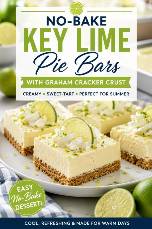 No-bake Key lime pie bars with graham cracker crust topped with whipped cream, lime zest, and fresh lime slices with promotional recipe text.