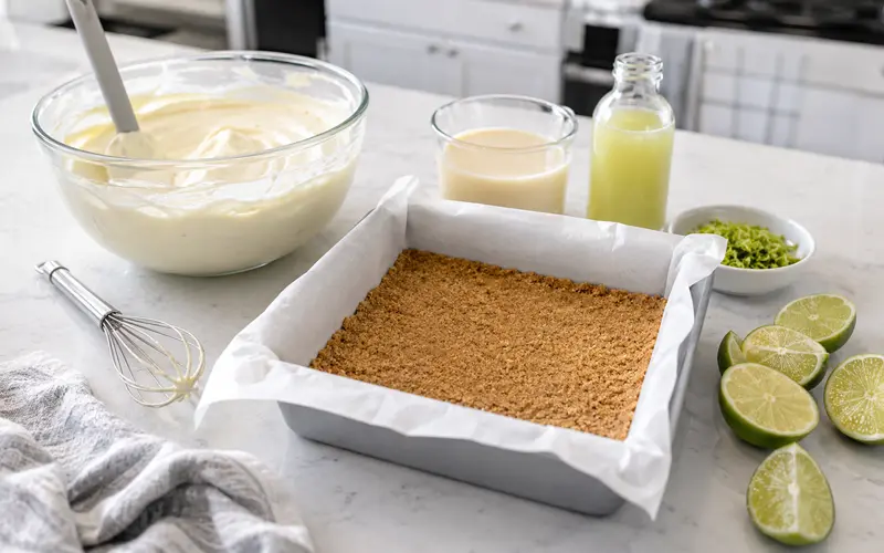 Graham cracker crust in a parchment-lined 8-inch square pan with creamy Key lime filling, fresh limes, lime zest, and baking tools nearby.