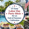 Labor Day backyard celebration with pool and cookout featuring the article title in a patriotic decorative emblem.