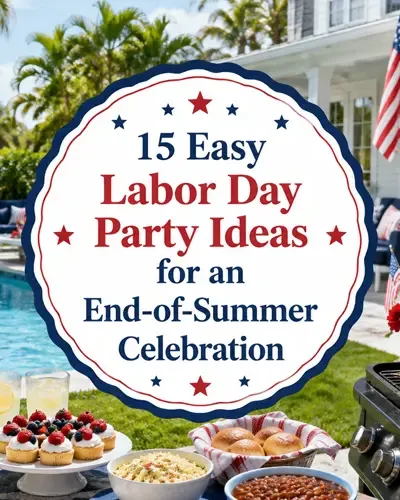 Labor Day backyard celebration with pool and cookout featuring the article title in a patriotic decorative emblem.