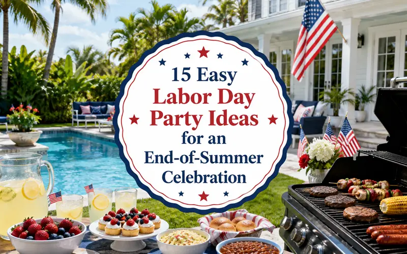 Labor Day backyard celebration with pool and cookout featuring the article title in a patriotic decorative emblem.