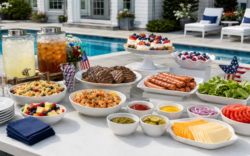 Labor Day cookout buffet with burgers, hot dogs, shrimp, salads, fruit, desserts, lemonade, and iced tea.