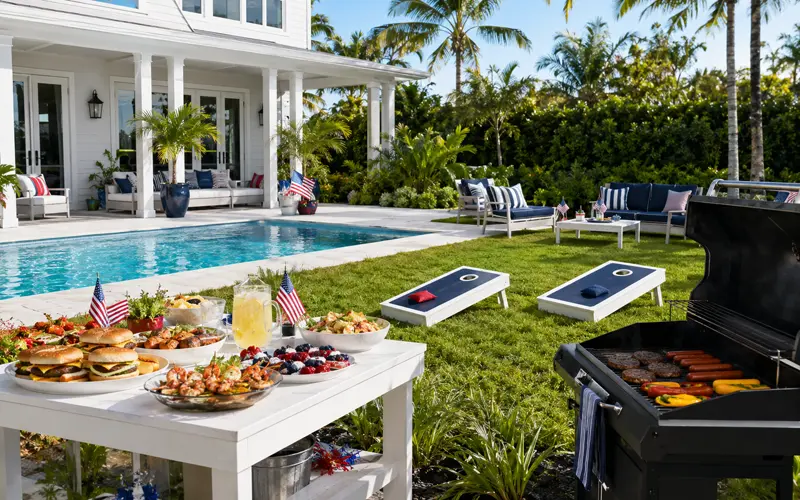 Labor Day backyard party with pool, cookout food, grill, and patriotic decorations at a Florida home.