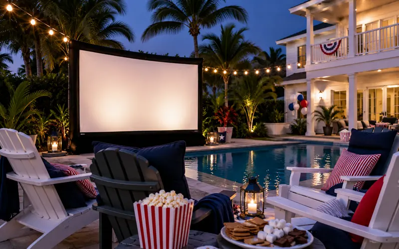 Outdoor Labor Day movie night beside a Florida pool with seating, popcorn, s’mores, lanterns, and string lights.