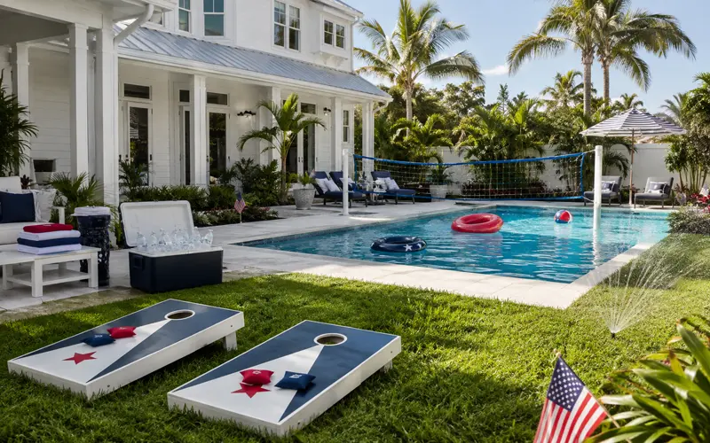 Labor Day backyard games with cornhole, pool volleyball, floats, and lawn activities beside a Florida pool.
