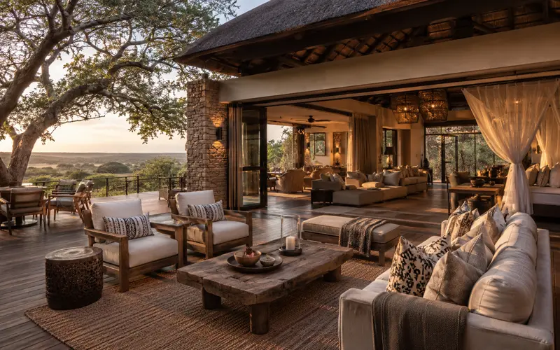 Luxury African safari lodge with spacious open-air seating overlooking the surrounding landscape.