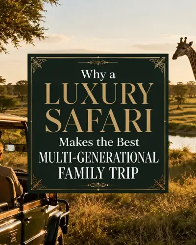 Why a Luxury Safari Makes the Best Multi-Generational Family Trip featured image with a giraffe and safari vehicle.