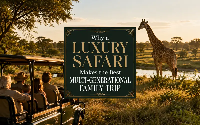 Why a Luxury Safari Makes the Best Multi-Generational Family Trip featured image with a giraffe and safari vehicle.