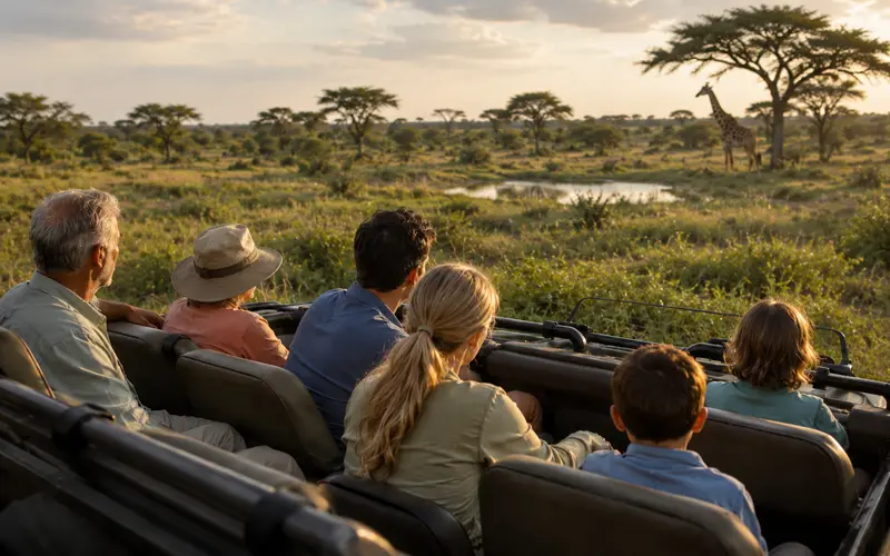 Multi-generational family watching a giraffe from an open safari vehicle in the African savanna.