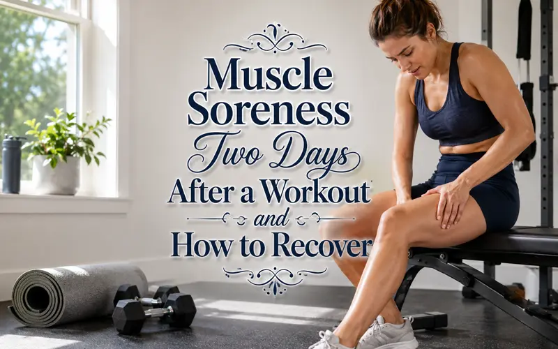 Woman seated on a workout bench gently massaging her sore thigh after strength training.