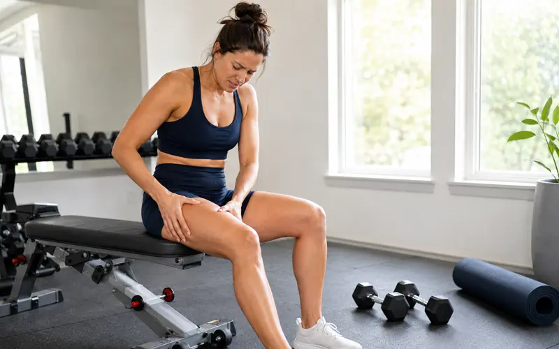Woman gently massaging a sore thigh after a strength-training workout in a bright home gym.
