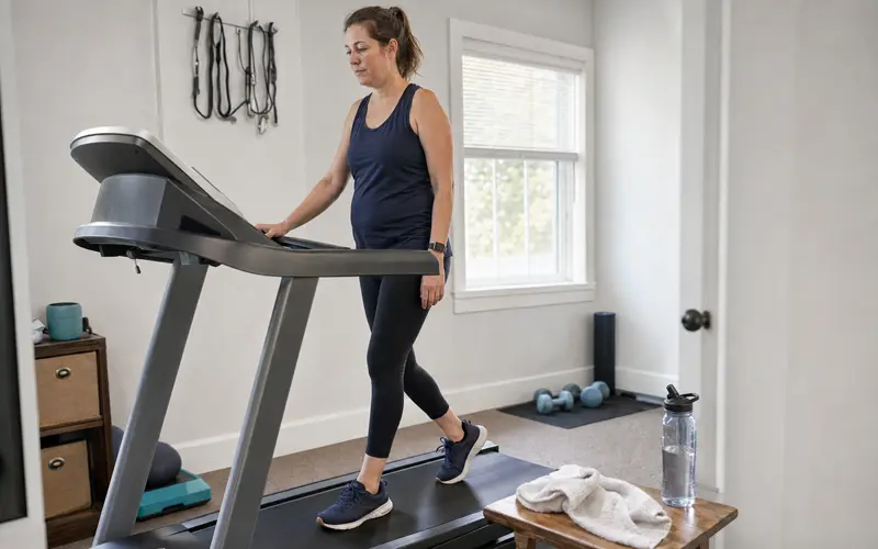 Woman walking slowly on a treadmill as gentle active recovery for sore muscles.