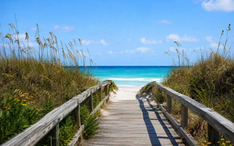Wooden beach boardwalk leading through Florida sand dunes and sea oats toward turquoise ocean water.