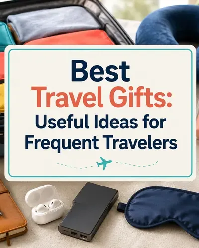 Travel gifts arranged around an open suitcase with the title Best Travel Gifts: Useful Ideas for Frequent Travelers.