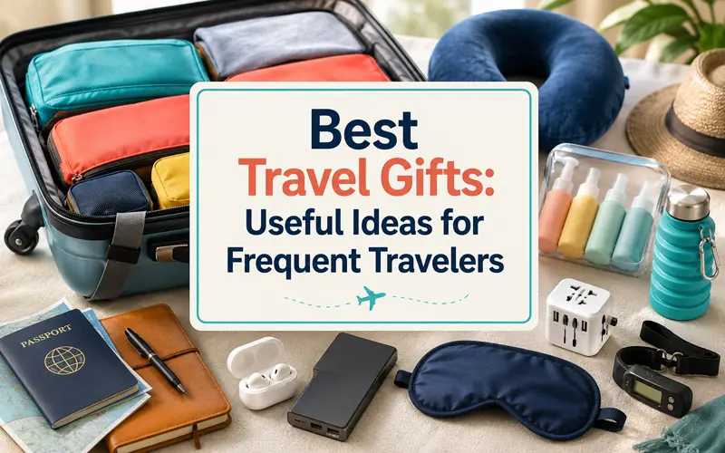 Travel gifts arranged around an open suitcase with the title Best Travel Gifts: Useful Ideas for Frequent Travelers.