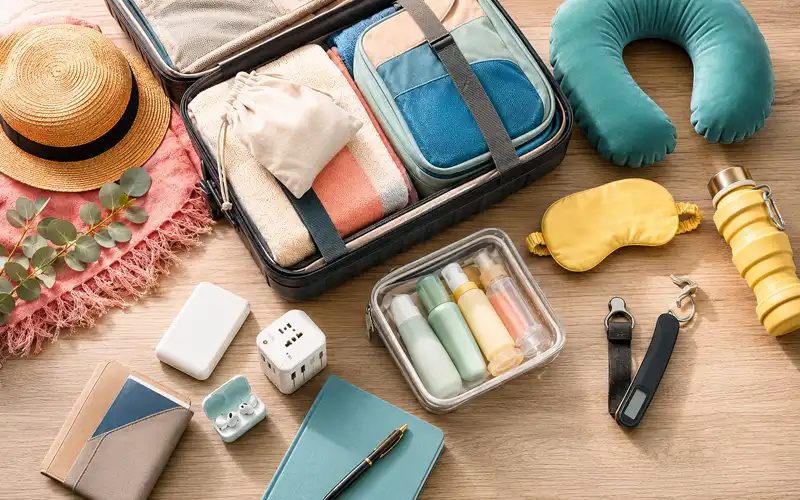 Colorful travel essentials arranged around an open carry-on suitcase, including packing cubes, a neck pillow, eye mask, travel bottles, power bank, adapter, and travel journal.