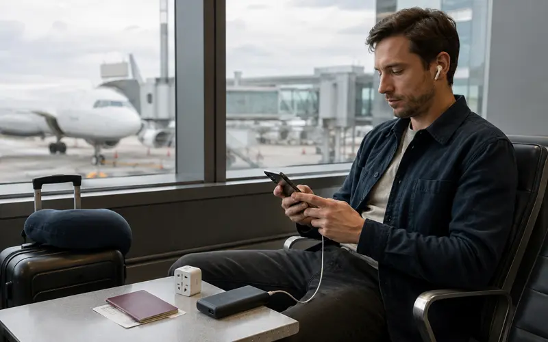 Traveler using a smartphone and portable power bank while waiting near an airport terminal window with luggage and travel accessories.