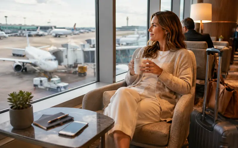 Traveler relaxing with coffee in an airport lounge beside carry-on luggage while planes sit outside the terminal windows.