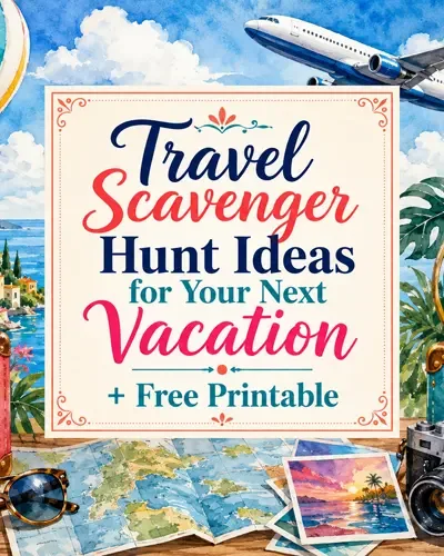 Colorful watercolor travel collage surrounding the centered title Travel Scavenger Hunt Ideas for Your Next Vacation.