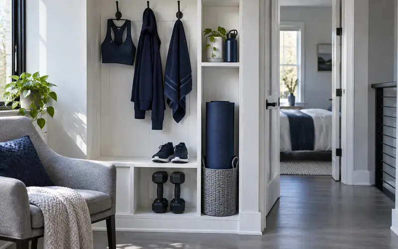 Workout clothes, shoes, dumbbells, and an exercise mat organized in a home storage area