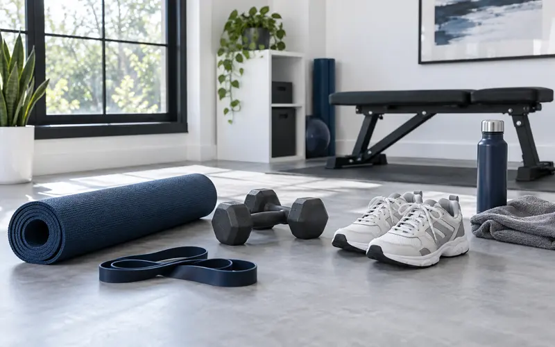Dumbbells, workout shoes, resistance bands, and water bottle arranged for restarting a fitness routine.