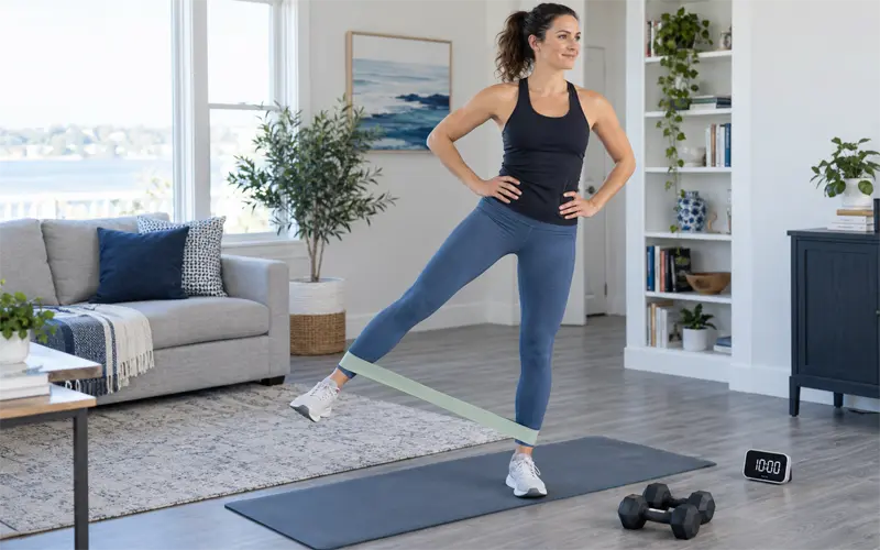 Woman completing a short resistance-band workout in a bright living room