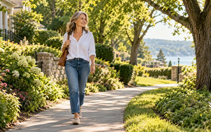 Woman in her 50s enjoying a morning walk outdoors as part of an everyday wellness routine