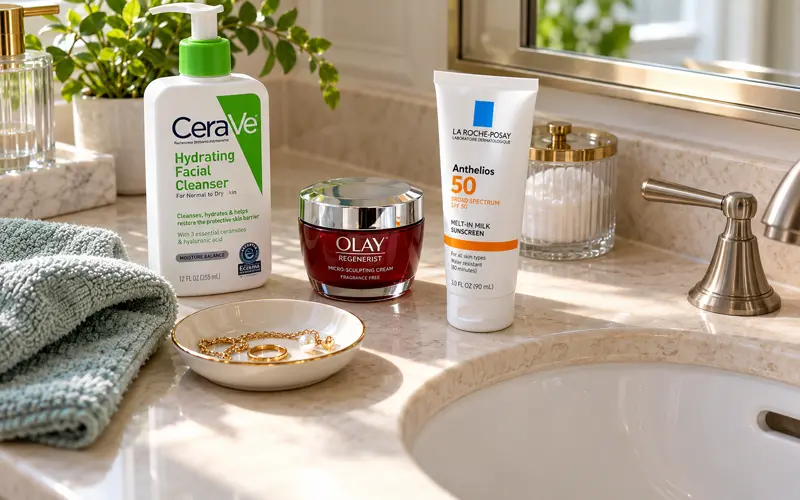 Simple skincare essentials including facial cleanser, moisturizer, and sunscreen on a bathroom vanity