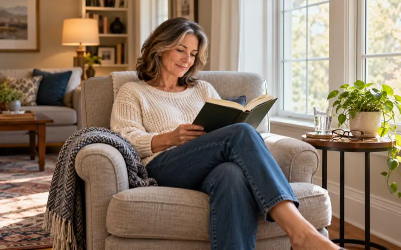 Woman relaxing at home with a book during a quiet moment of everyday self-care