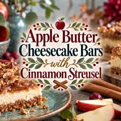 Apple butter cheesecake bars with the recipe title centered over a colorful fall-inspired design.