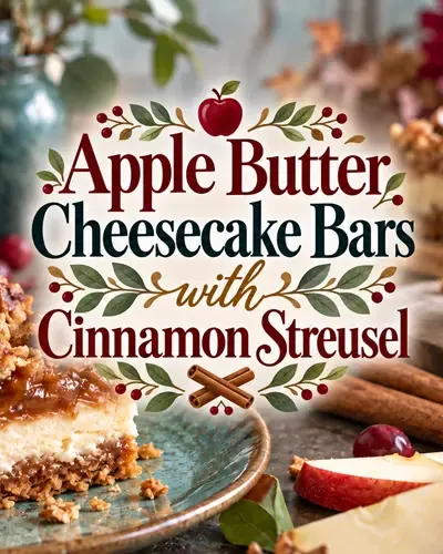 Apple butter cheesecake bars with the recipe title centered over a colorful fall-inspired design.