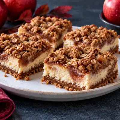 Apple butter cheesecake bars topped with cinnamon streusel and served on a fall dessert table.