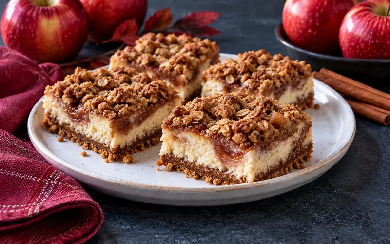 Apple butter cheesecake bars topped with cinnamon streusel and served on a fall dessert table.