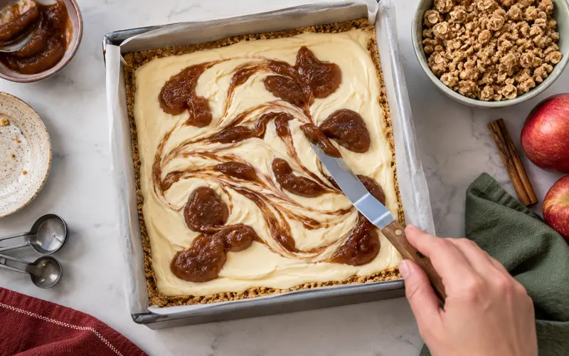 Apple butter being gently swirled through cheesecake filling in a parchment-lined baking pan.